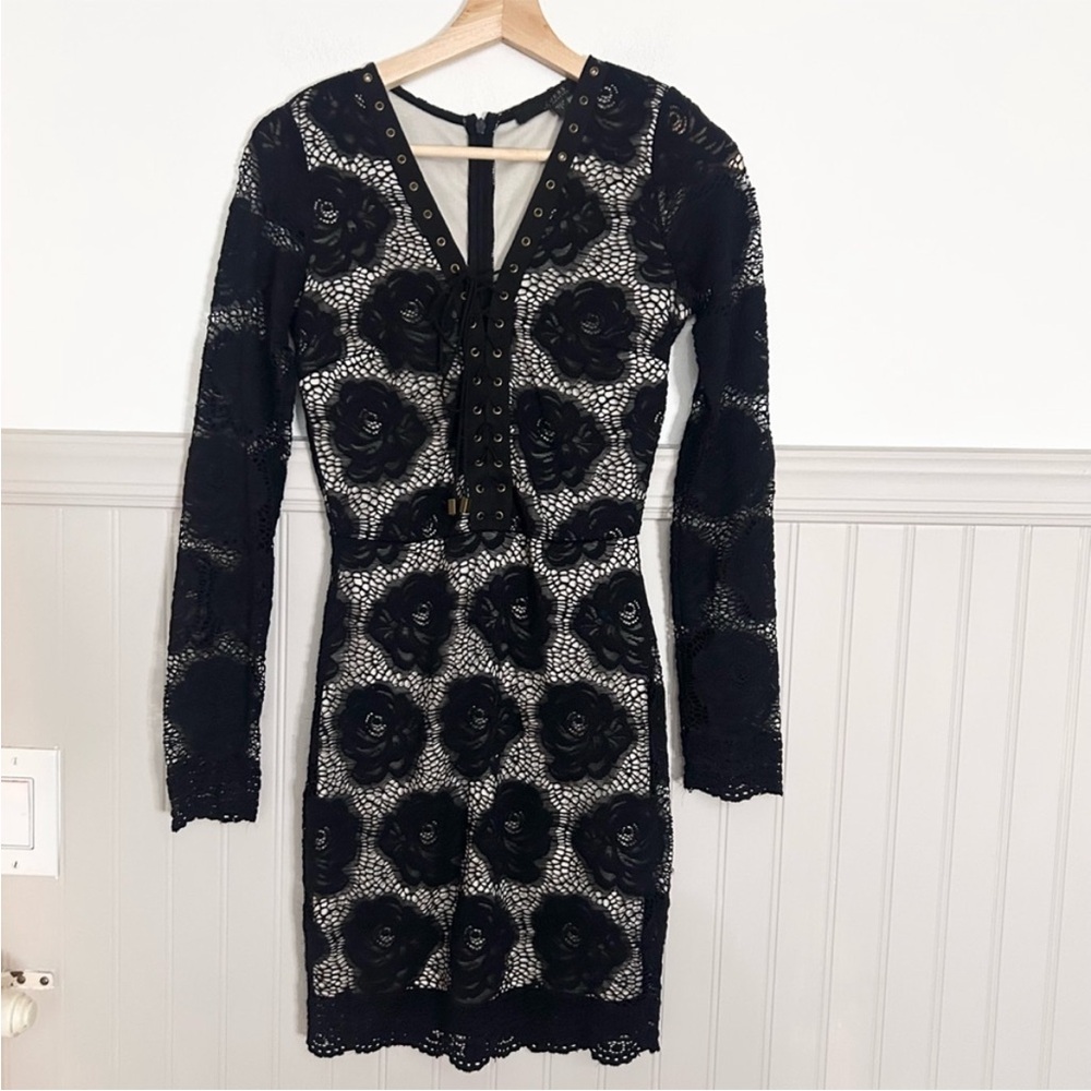 Guess Y2K Black Floral Lace Detail Long Sleeve Mini Dress Small Party Dress